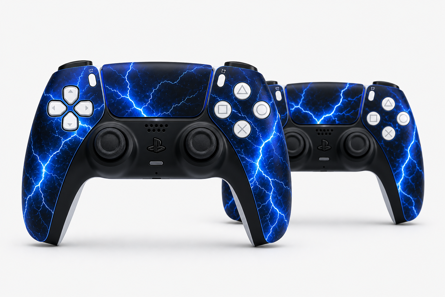 PS5 controller skins with blue lightning wrap on DualSense controllers, front view on white background