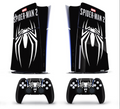 PS5 console and controller skin with black background and white spider icon design