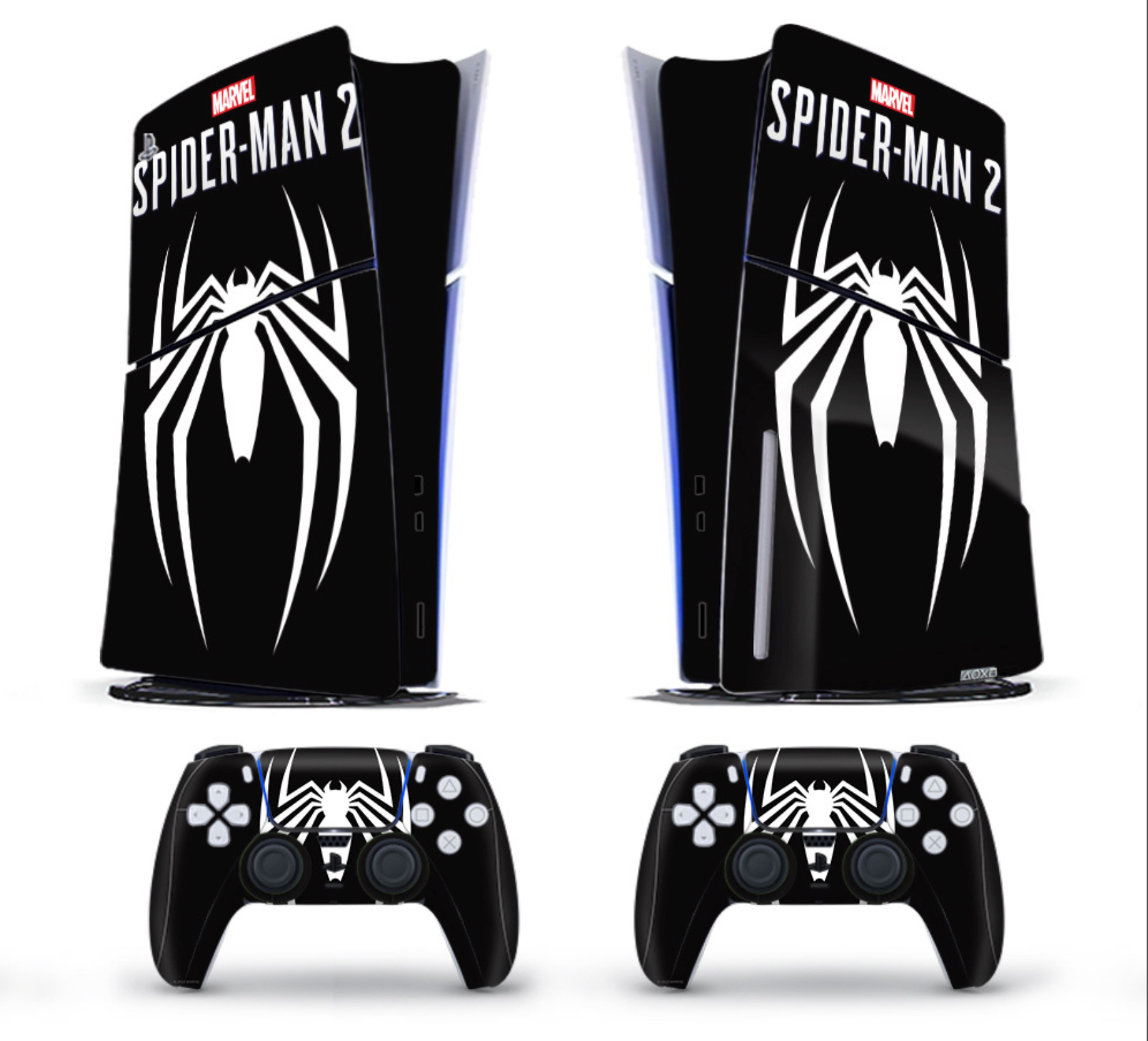 PS5 console and controller skin with black background and white spider icon design