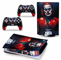 Dark clown style PS5 console and controller skin with red and blue artistic design