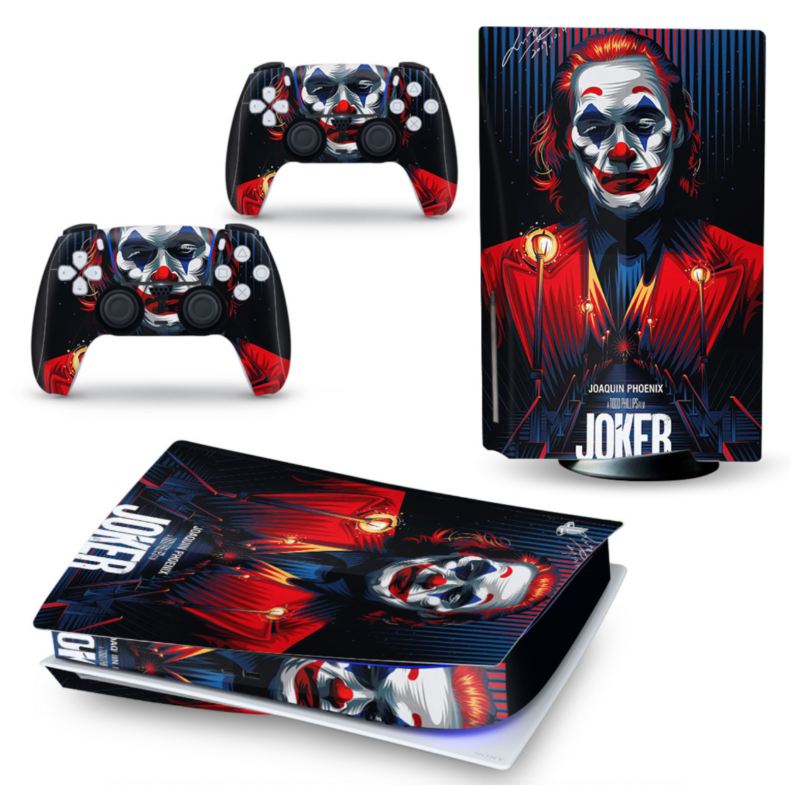 Dark clown style PS5 console and controller skin with red and blue artistic design