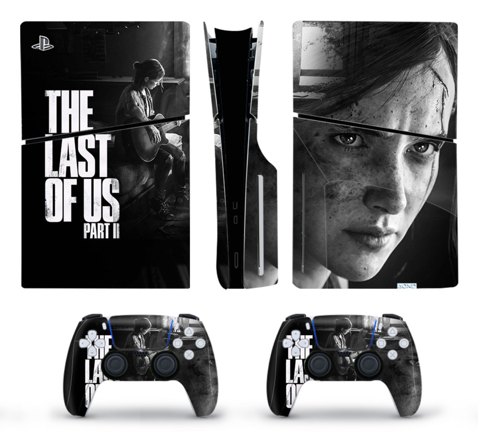 PS5 console and controller skin with dark survival theme black and white design