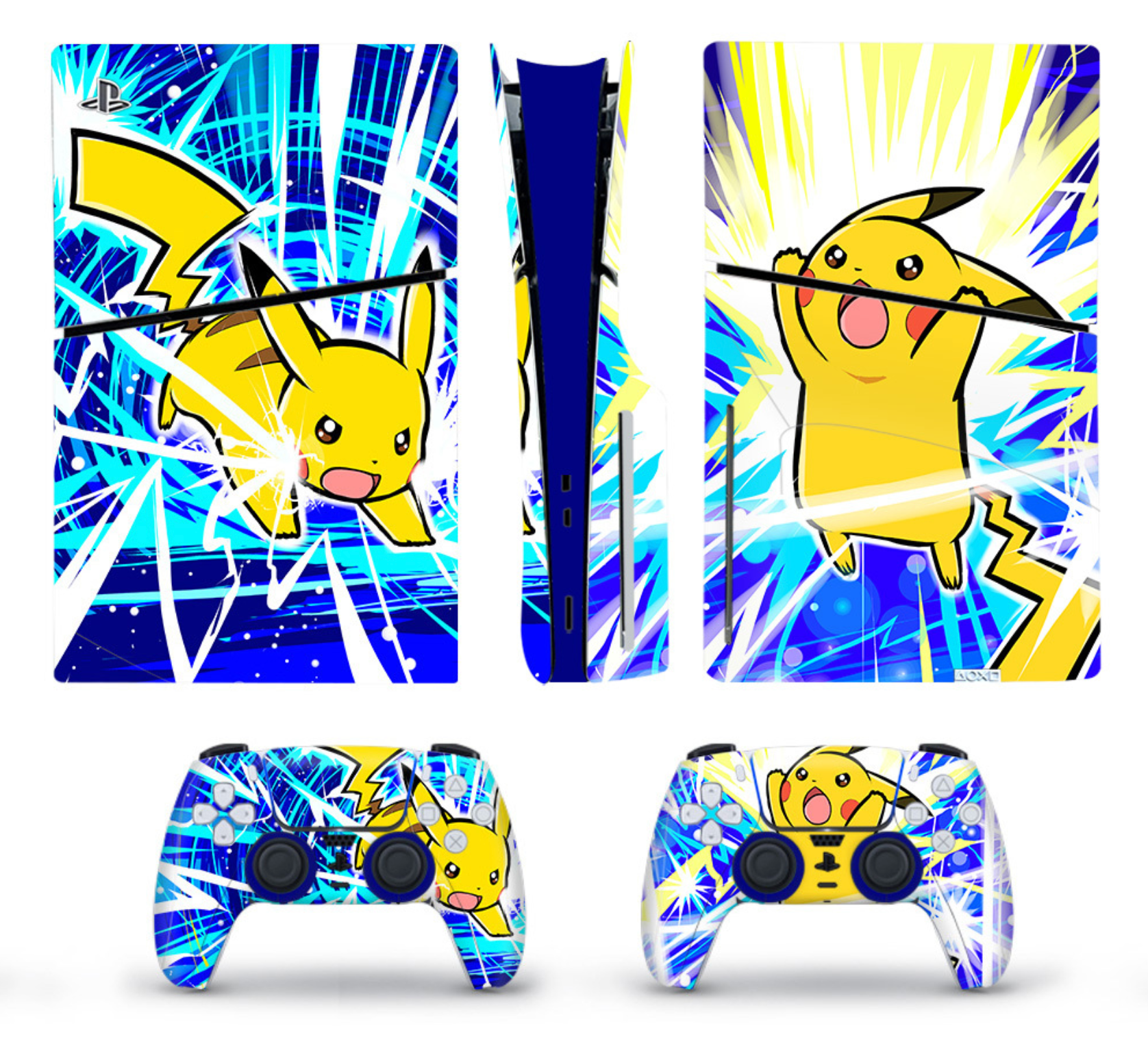 Electric yellow cartoon themed PS5 console and controller skin with blue lightning background