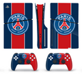 Blue and red stripe themed PS5 console and controller skin with paris style design
