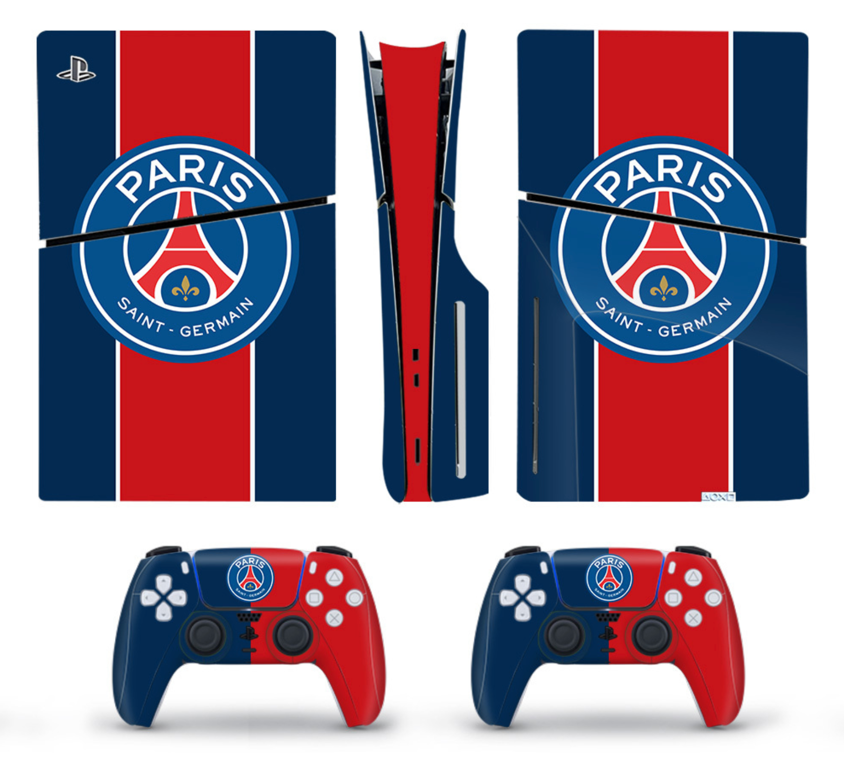 Blue and red stripe themed PS5 console and controller skin with paris style design
