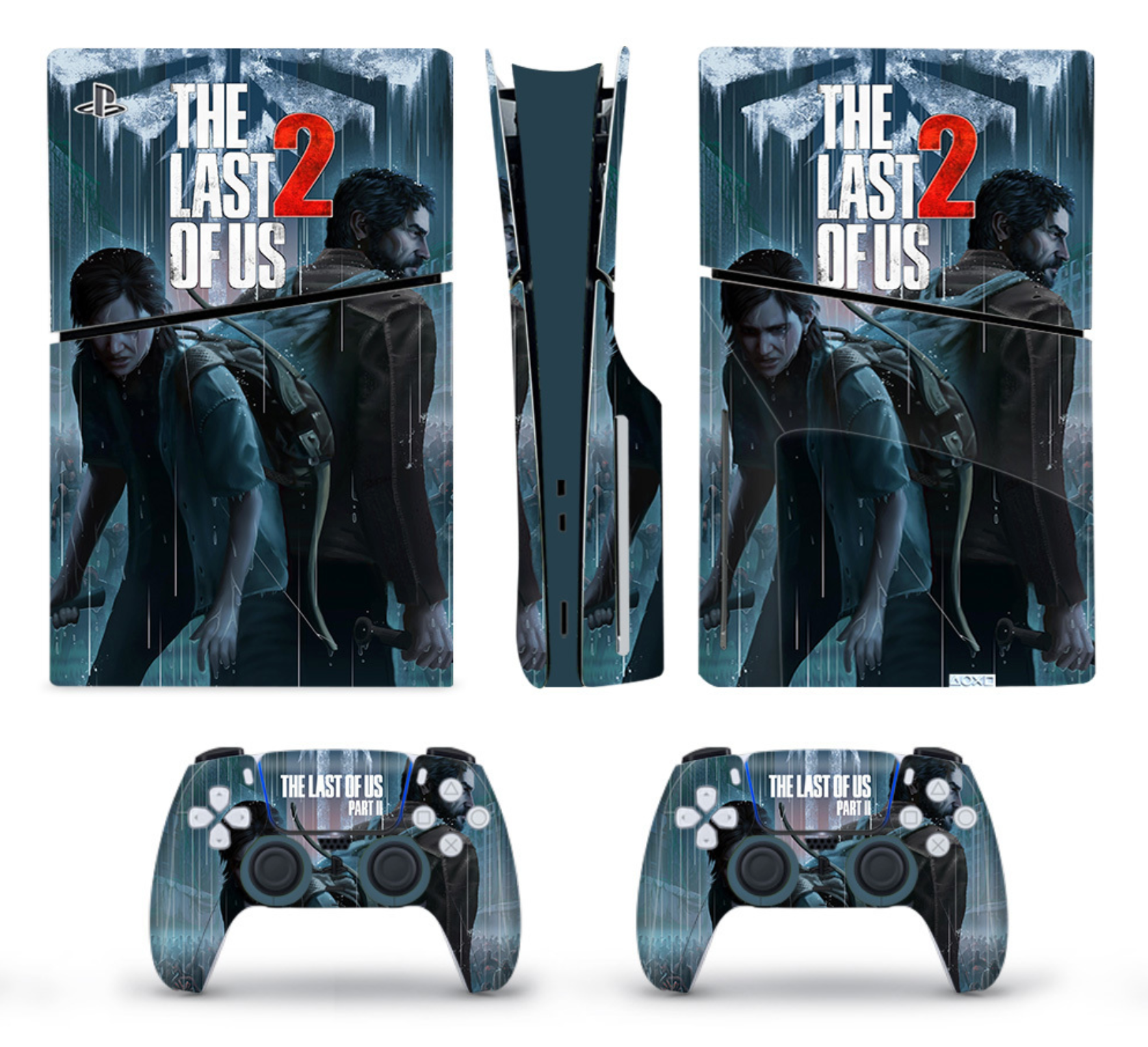 Post-apocalyptic survivor themed PS5 console and controller skin with dark cinematic design