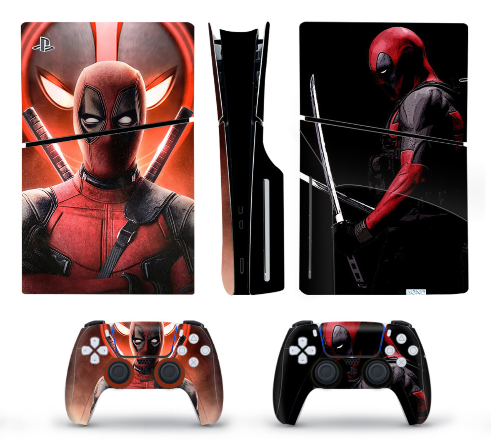 PS5 console and controller skin with red assassin warrior design and black background