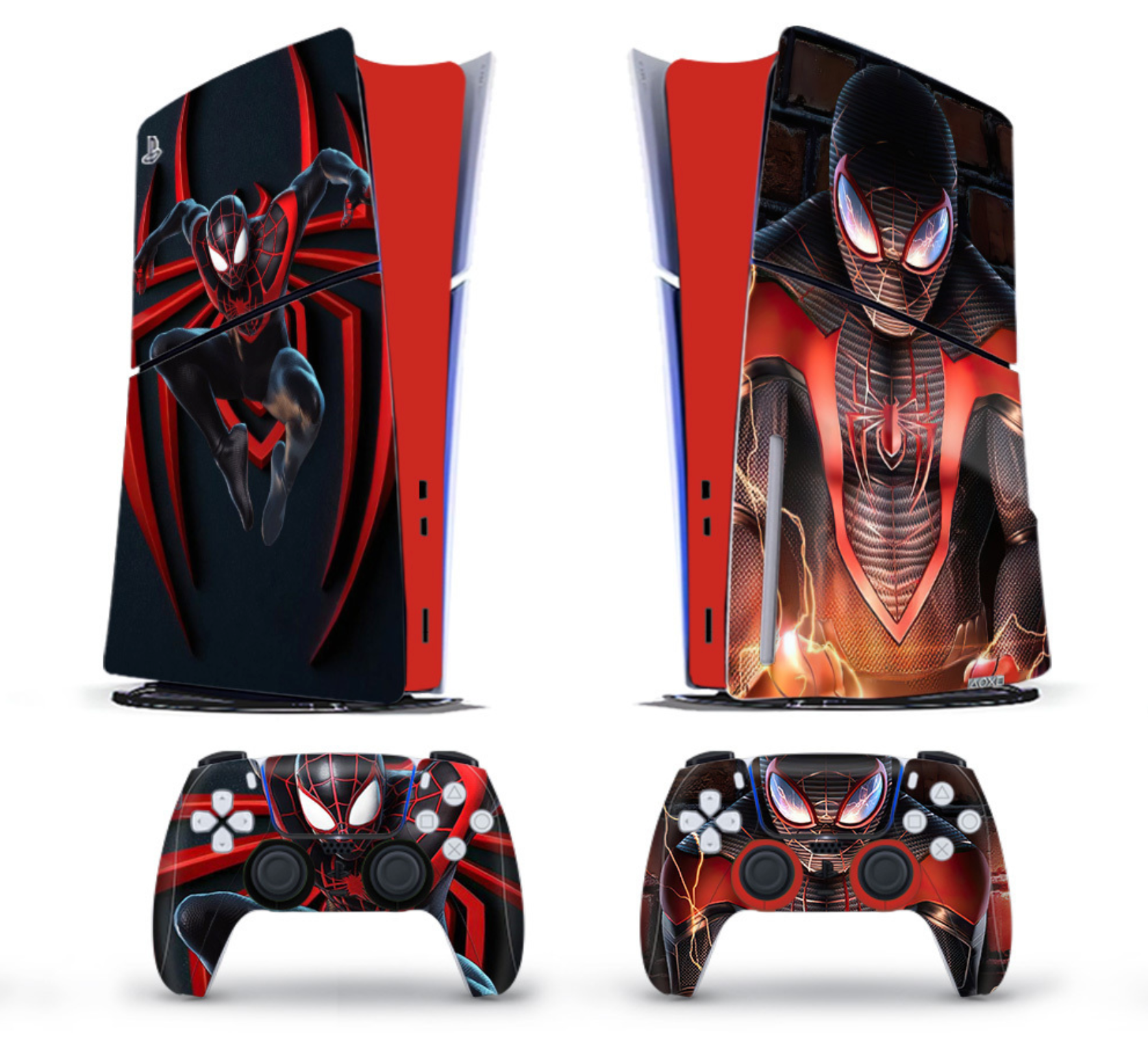 Red spider hero themed PS5 console and controller skin set with black and red design