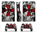 PS5 console and controller skin with red umbrella grunge design on black and white background