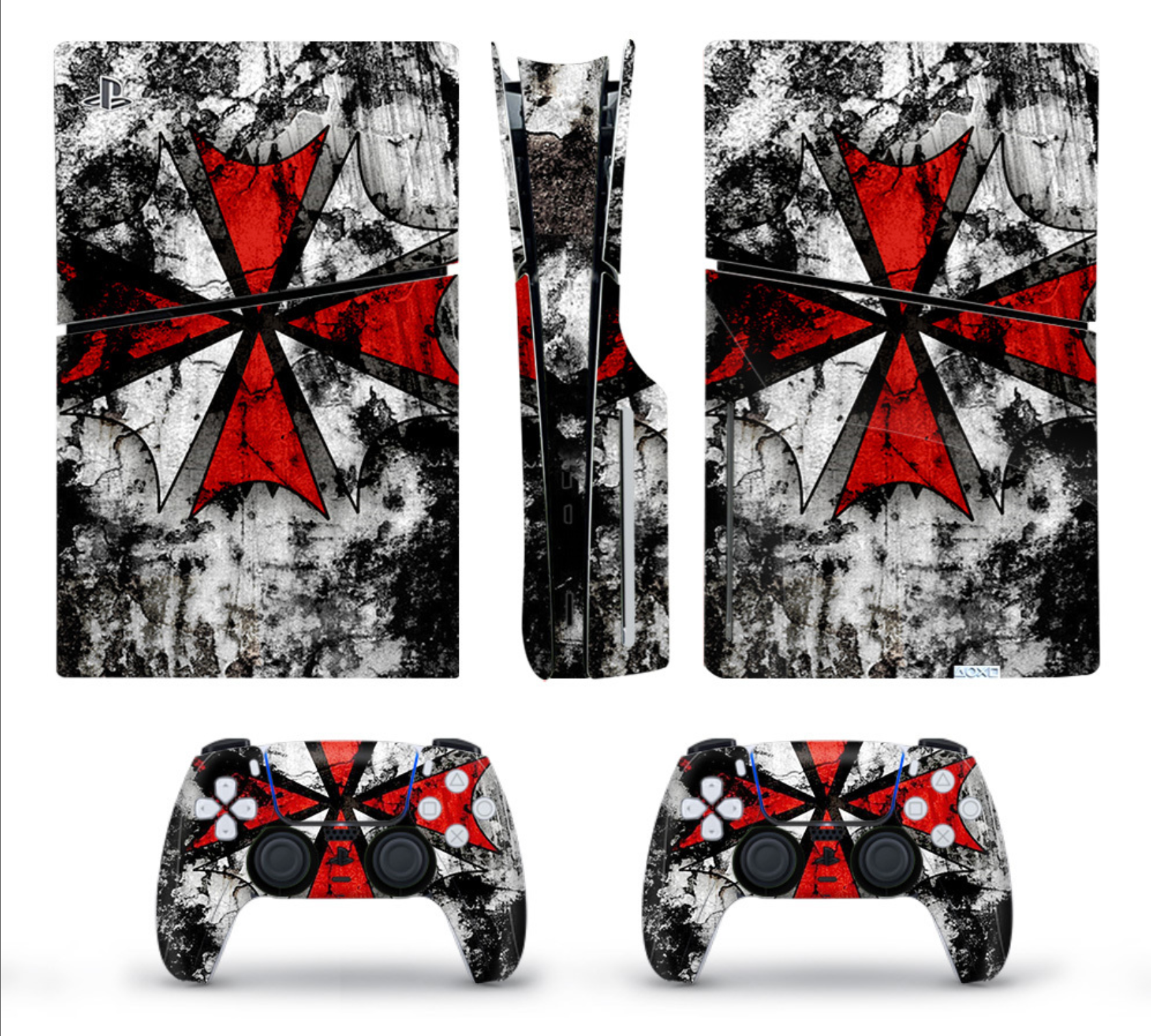 PS5 console and controller skin with red umbrella grunge design on black and white background