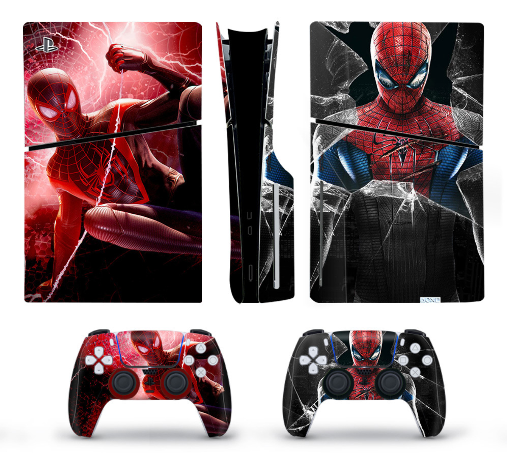 Red web hero themed PS5 console and controller skin with dynamic red and black design