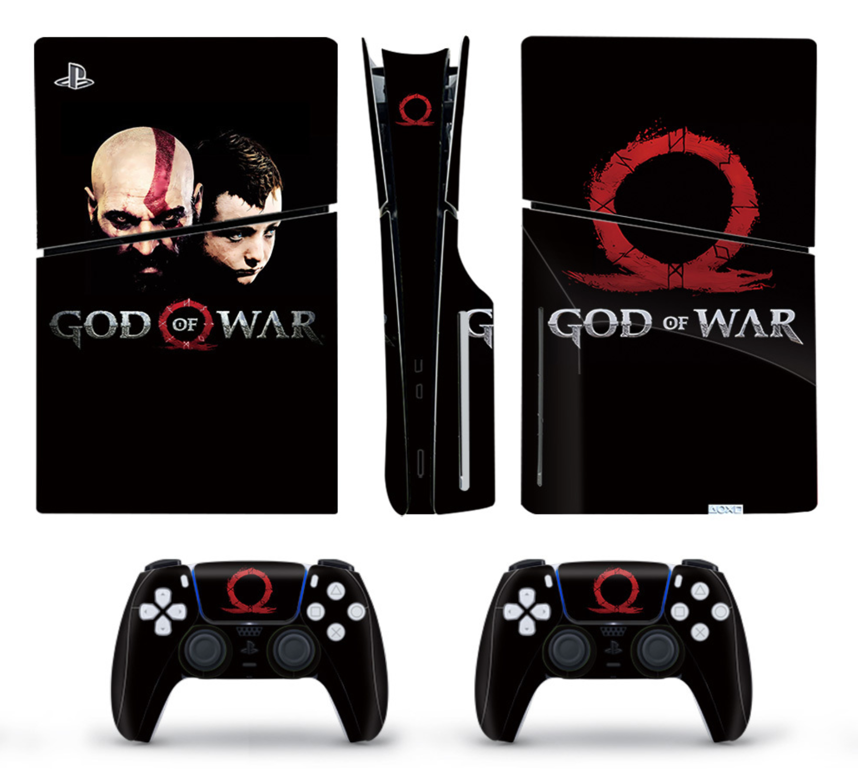 PS5 console and controller skin with red circle spartan warrior inspired design on black background