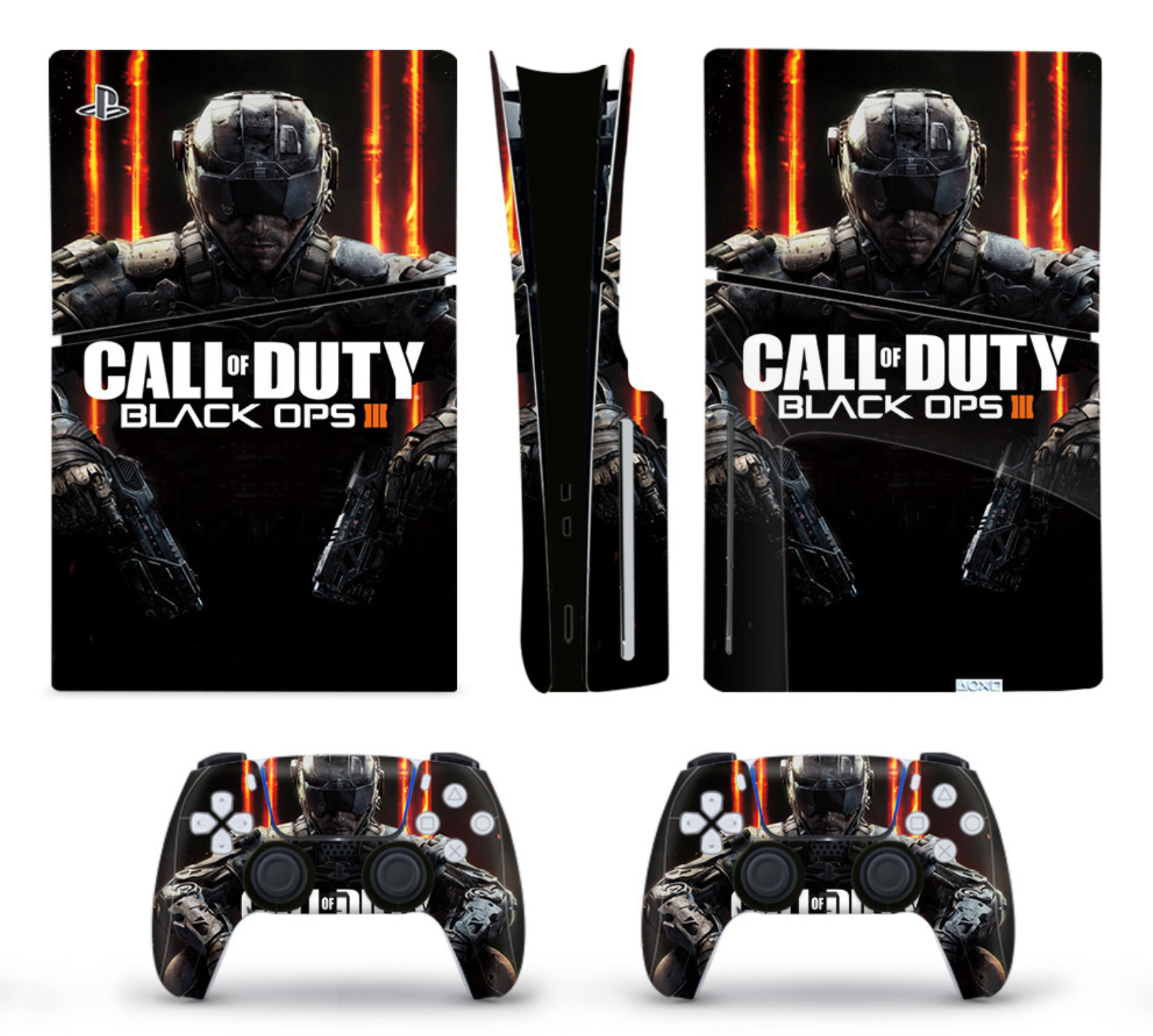 Black and orange tactical soldier themed PS5 console and controller skin with futuristic combat design