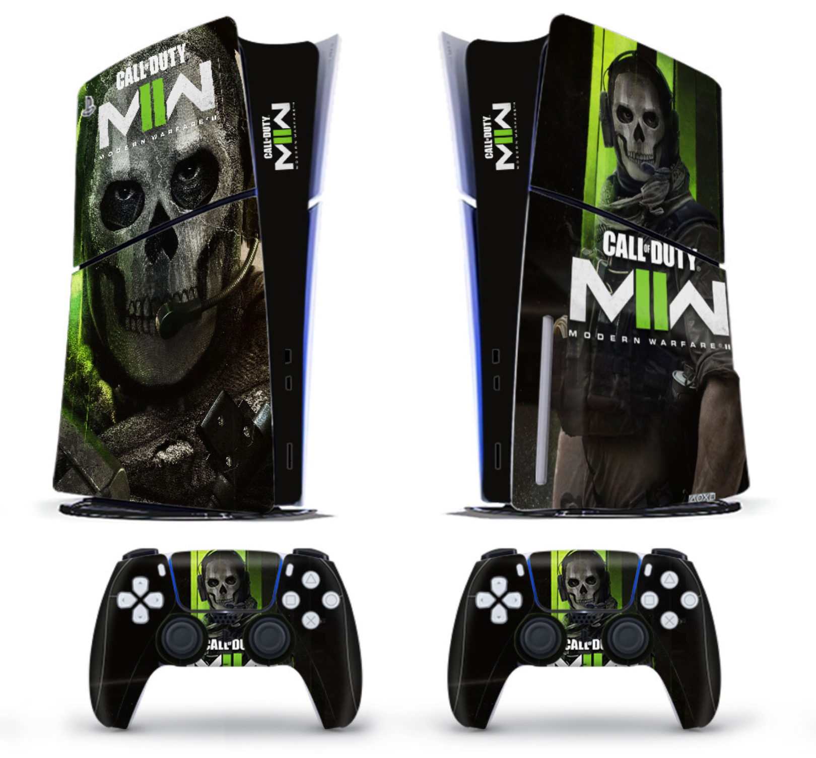 MW3 tactical green PS5 console and controller skin set with soldier silhouette design