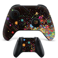 Neon paint splash Xbox controller skin with colorful dots and streaks on dark background