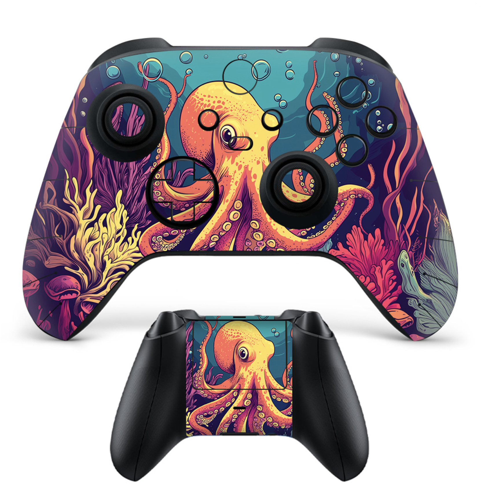 Colorful octopus Xbox controller skin with underwater ocean coral design