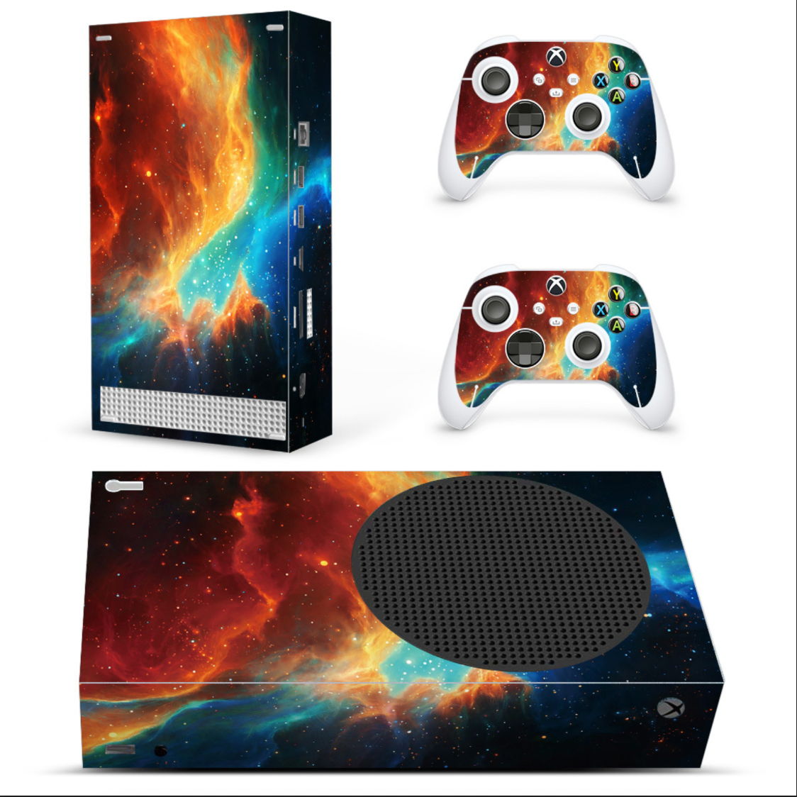Xbox Series S cosmic galaxy nebula skin with colorful space design and matching controller skin set