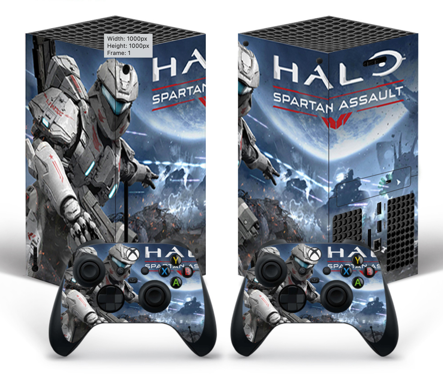 Xbox Series X console skin with futuristic soldier battle design and matching controller skin