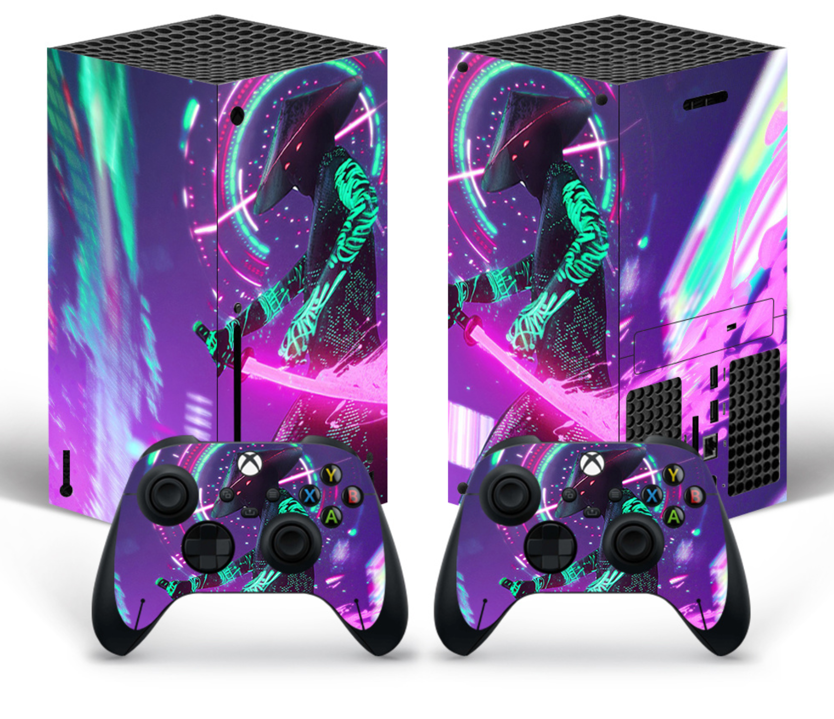 Xbox Series X neon samurai cyberpunk skin with matching controller skin set